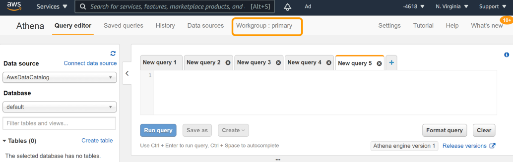 Athena Query editor with primary workgroup highlighted