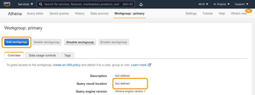 Athena workgroup settings with the edit workgroup button highlighted