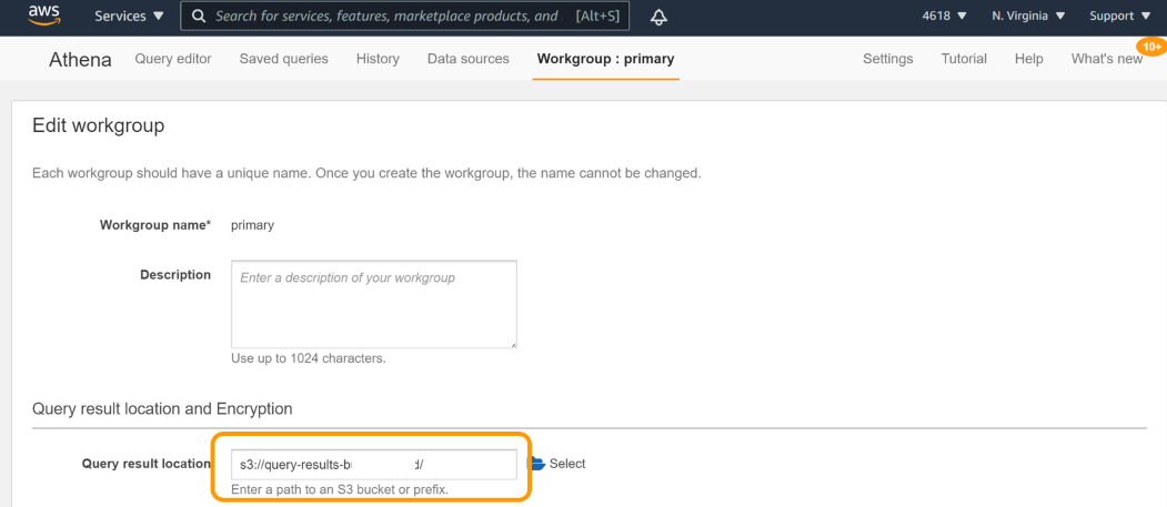 Athena edit workgroup with the query results location input highlighted