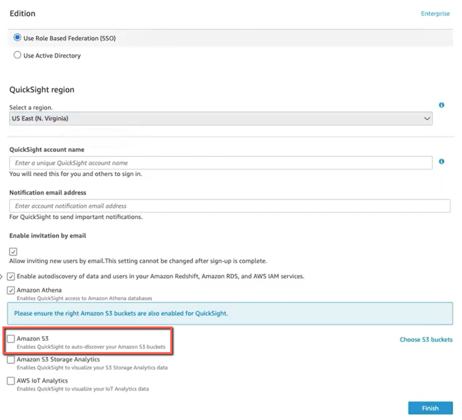 QuickSight configuration page with the Amazon S3 checkbox highlighted