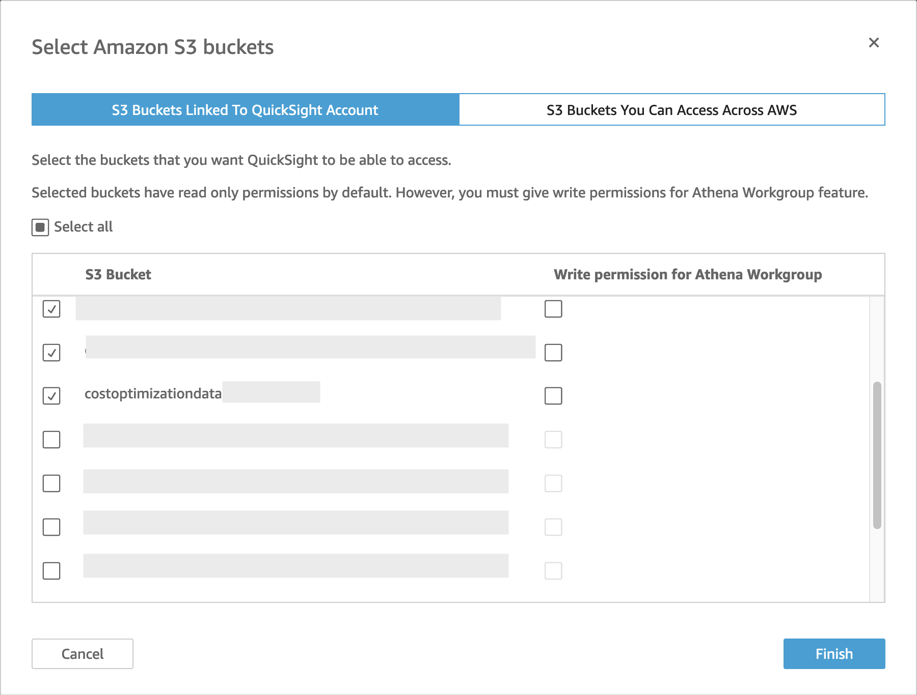 QuickSight Amazon S3 bucket selection dialog