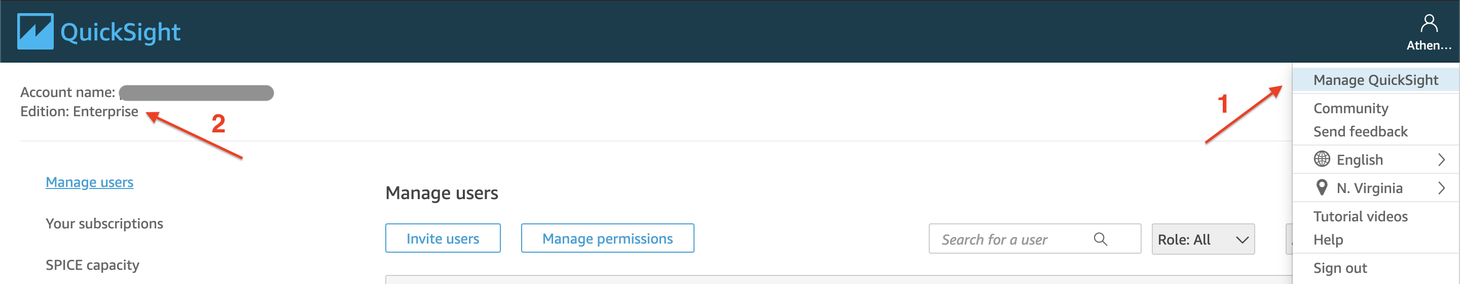 QuickSight page with callouts to select Manage QuickSight from the menu to confirm the QuickSight edition
