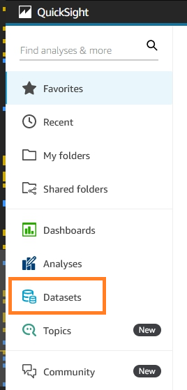 Left navigation in QuickSight with datasets option highlighted