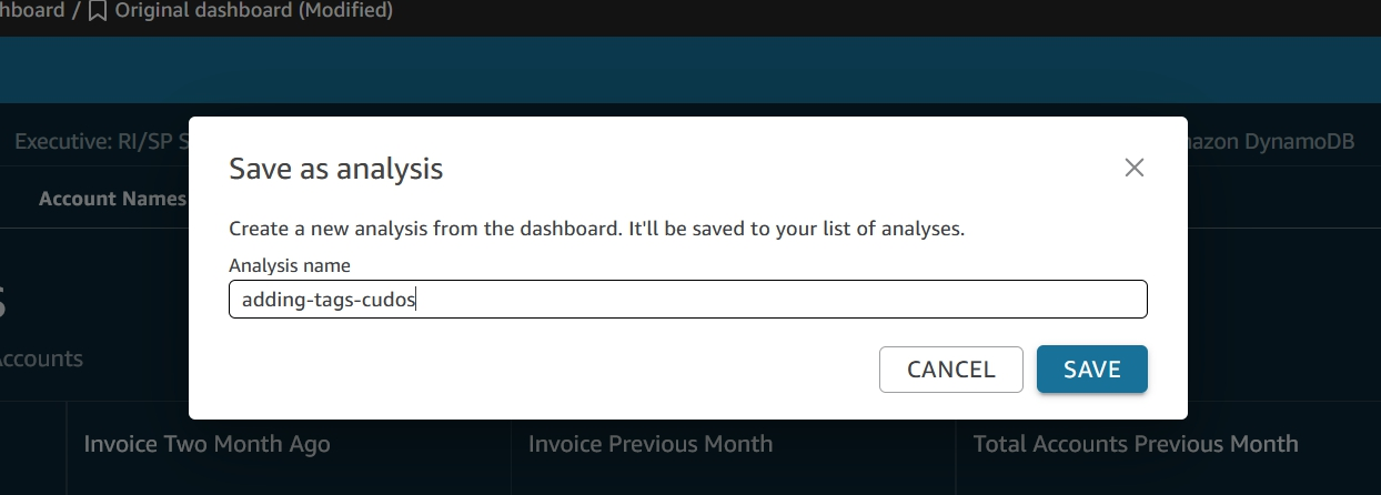 QuickSight save as analysis dialog