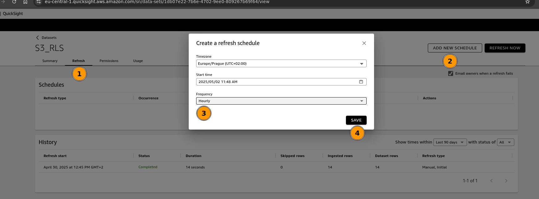 Dataset refresh tab with tab and add new schedule button highlighted