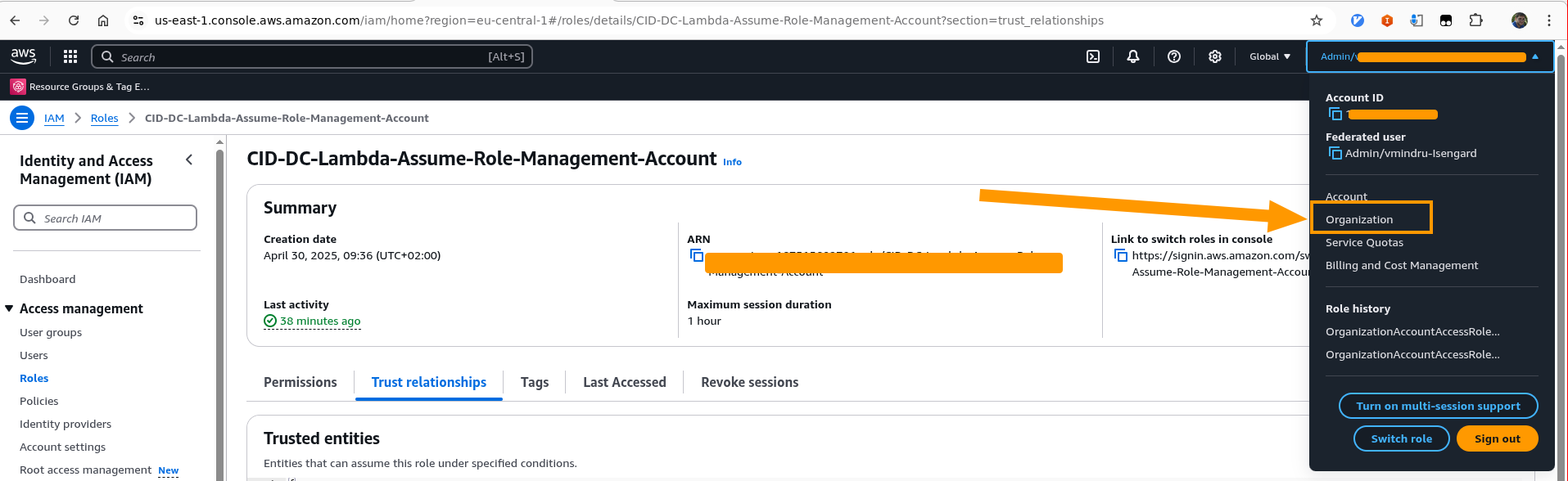 AWS Console with Organization in the drop down highlighted