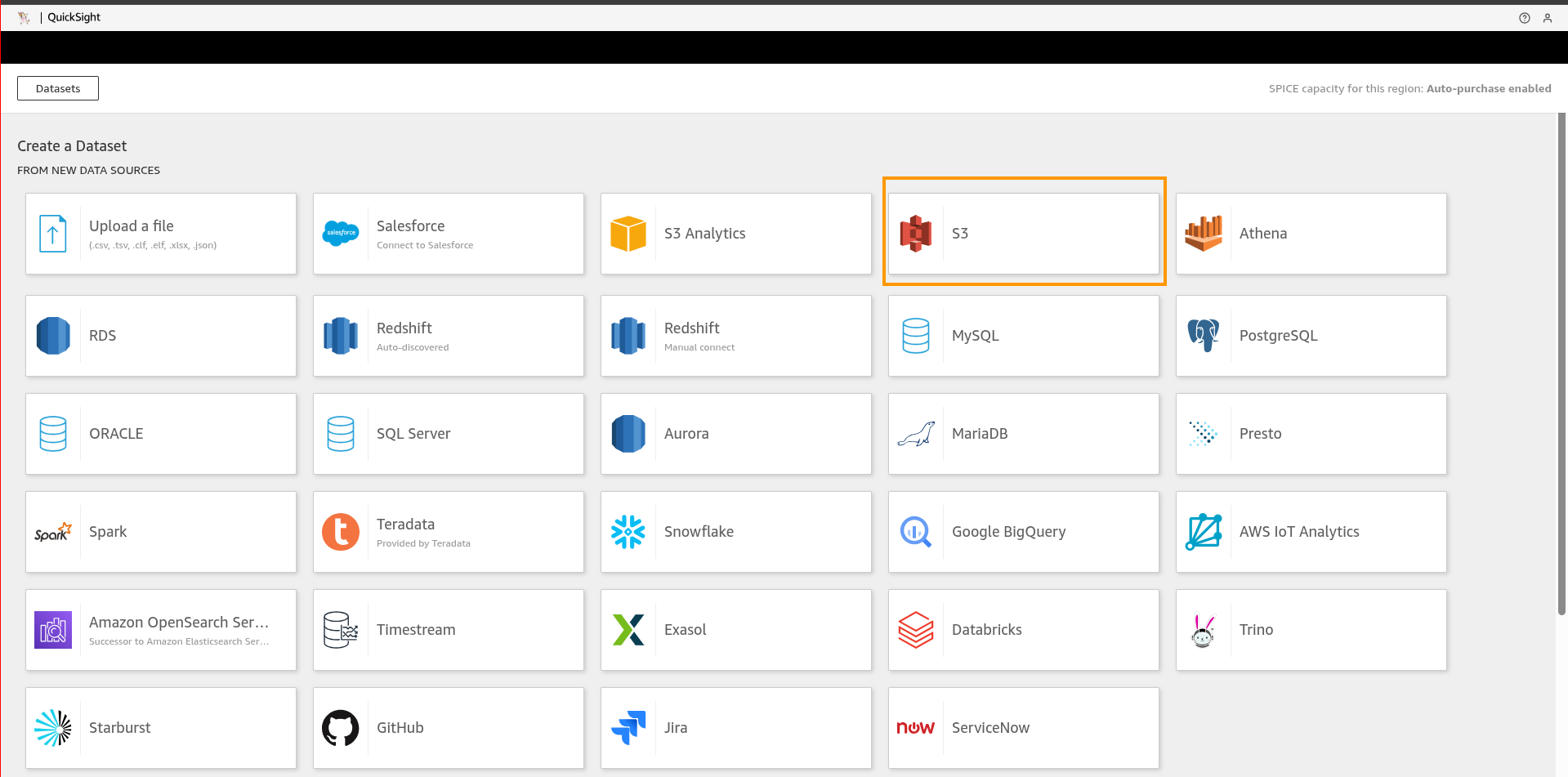 QuickSight new dataset screen with S3 datasource highlighted