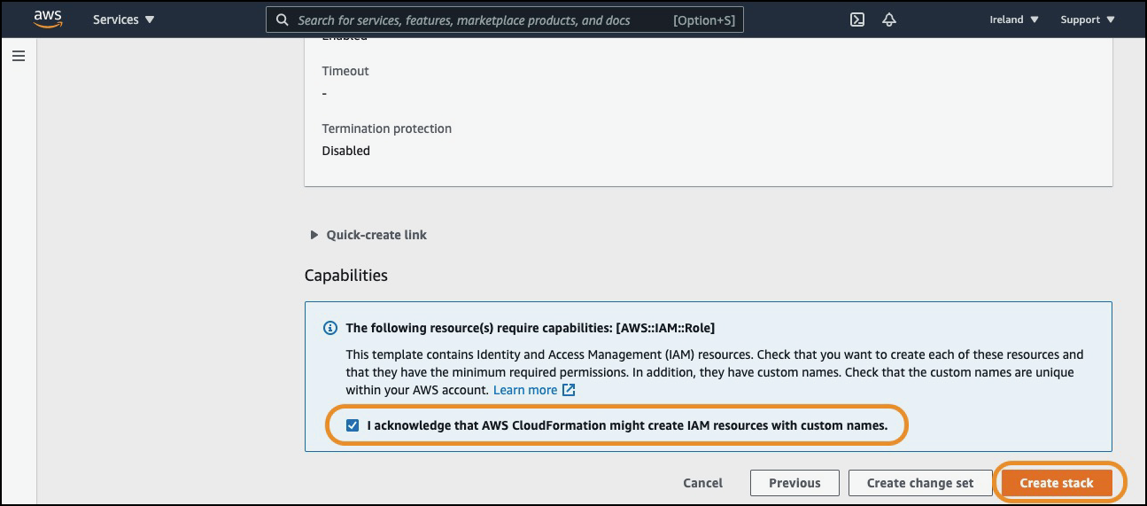 Create Cloudformation stack with checked box acknowledging possible creation of IAM resources highlighted and create stack button highlighted