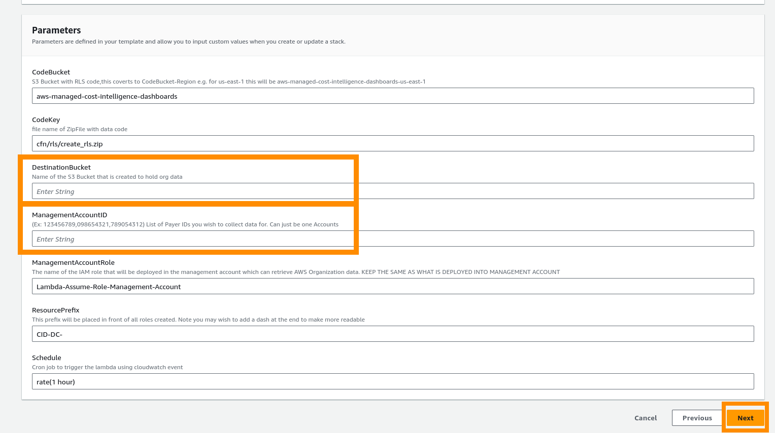 Create Cloudformation stack with parameters section highlighted