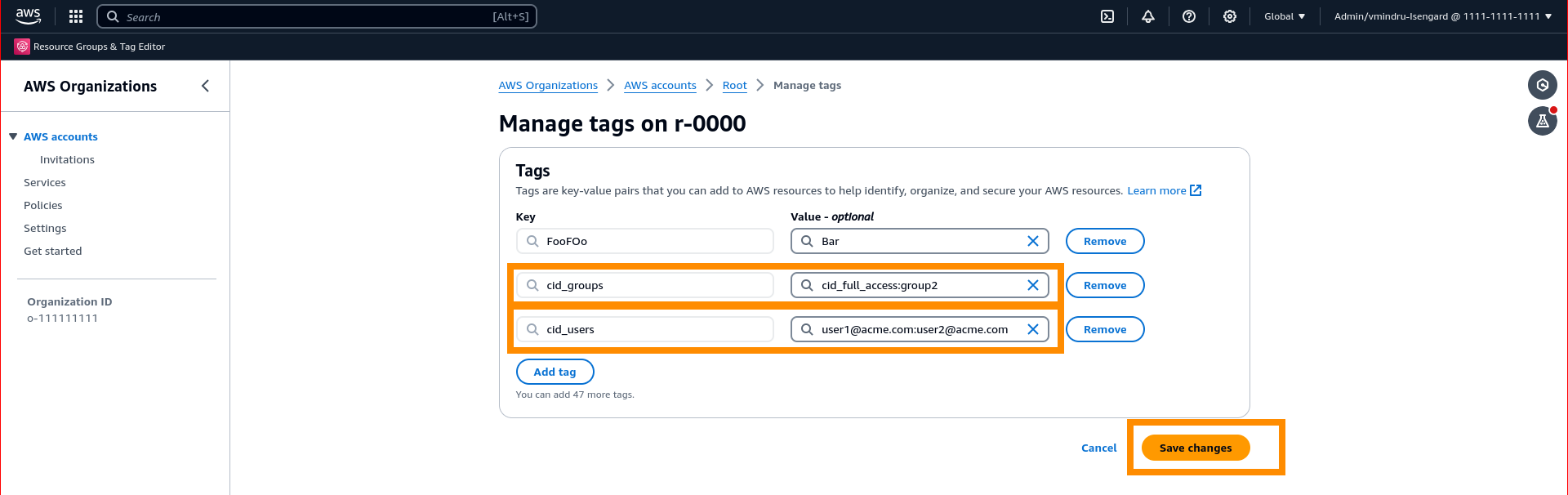 AWS organizations manage tags policy with cid users tag input and add tag button highlighted