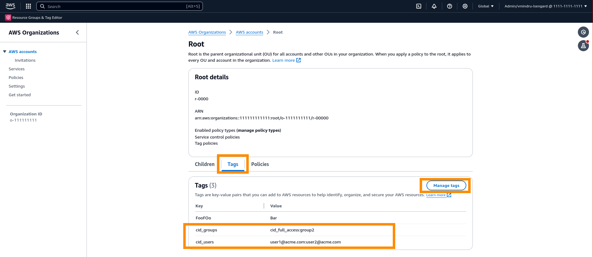 AWS Organizations in the AWS Console with AWS Accounts in left navigation highlighted