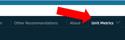 Dashboard showing several tabs with an arrow pointing to the Unit Metrics tab