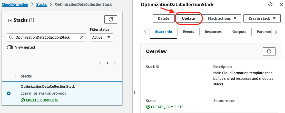 Optimization Data Collection Stack detailed view update button