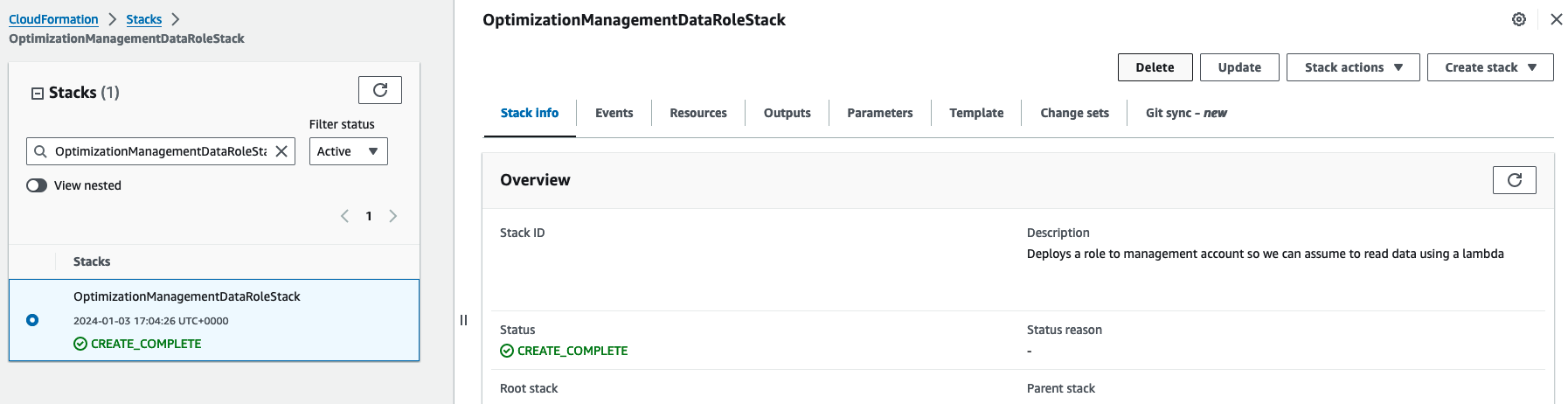 Management account data read role stack