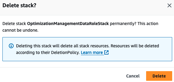 Confirm deletion of Management account data read permissions stack