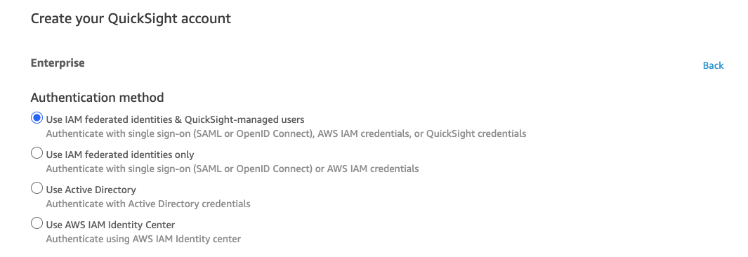 QuickSight Authentication Options Image