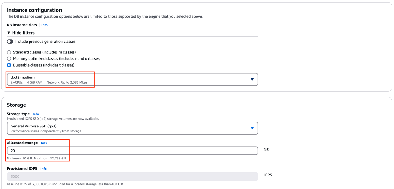 DB instance class selection showing db.t3.medium with 2 vCPUs and 4 GiB RAM selected.