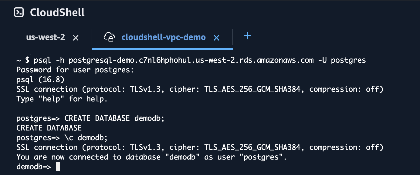 CloudShell terminal showing PostgreSQL connection and database creation commands.