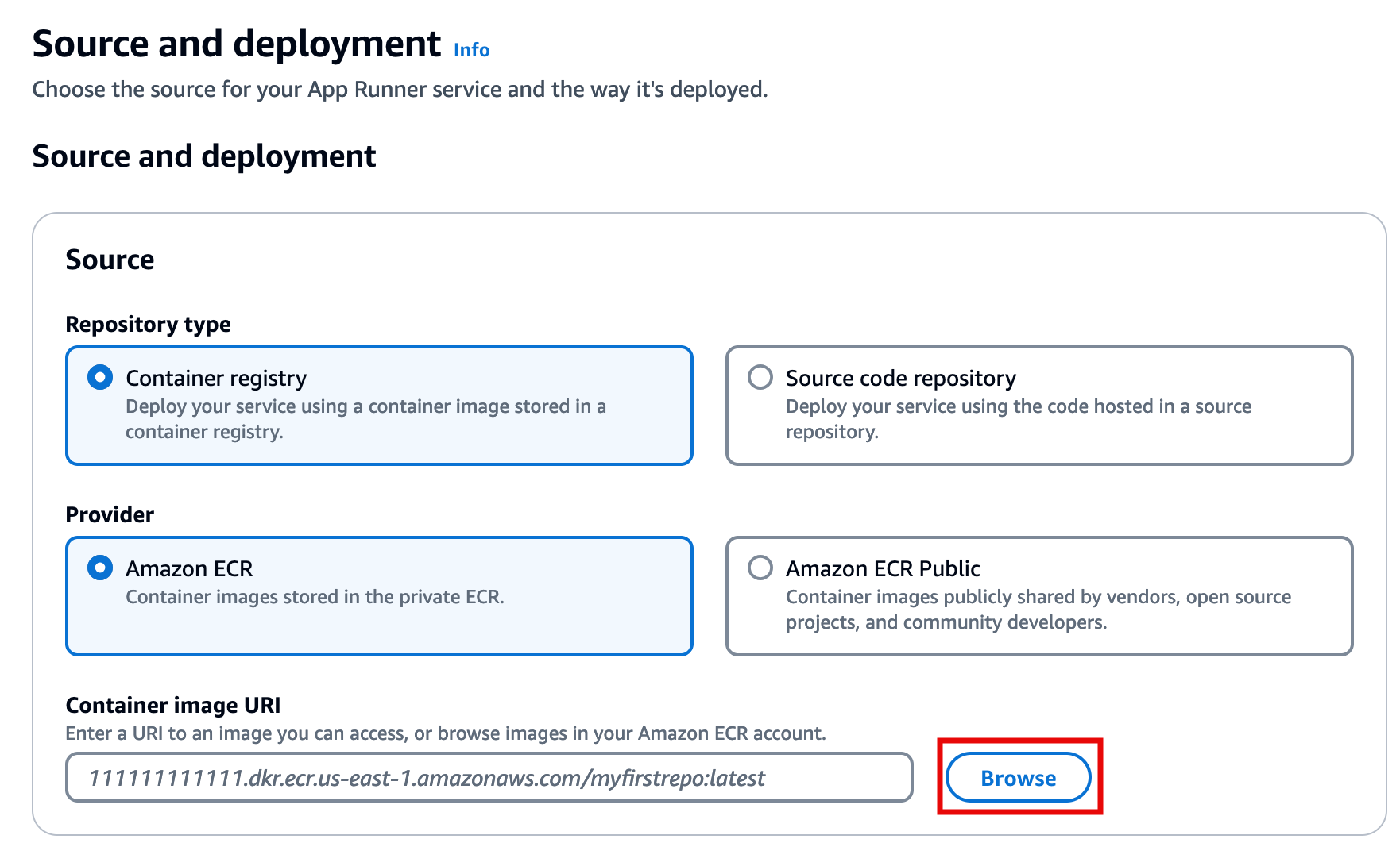 App Runner source and deployment settings with options for repository type, provider, and container image URI, highlighting the 'Browse' button.