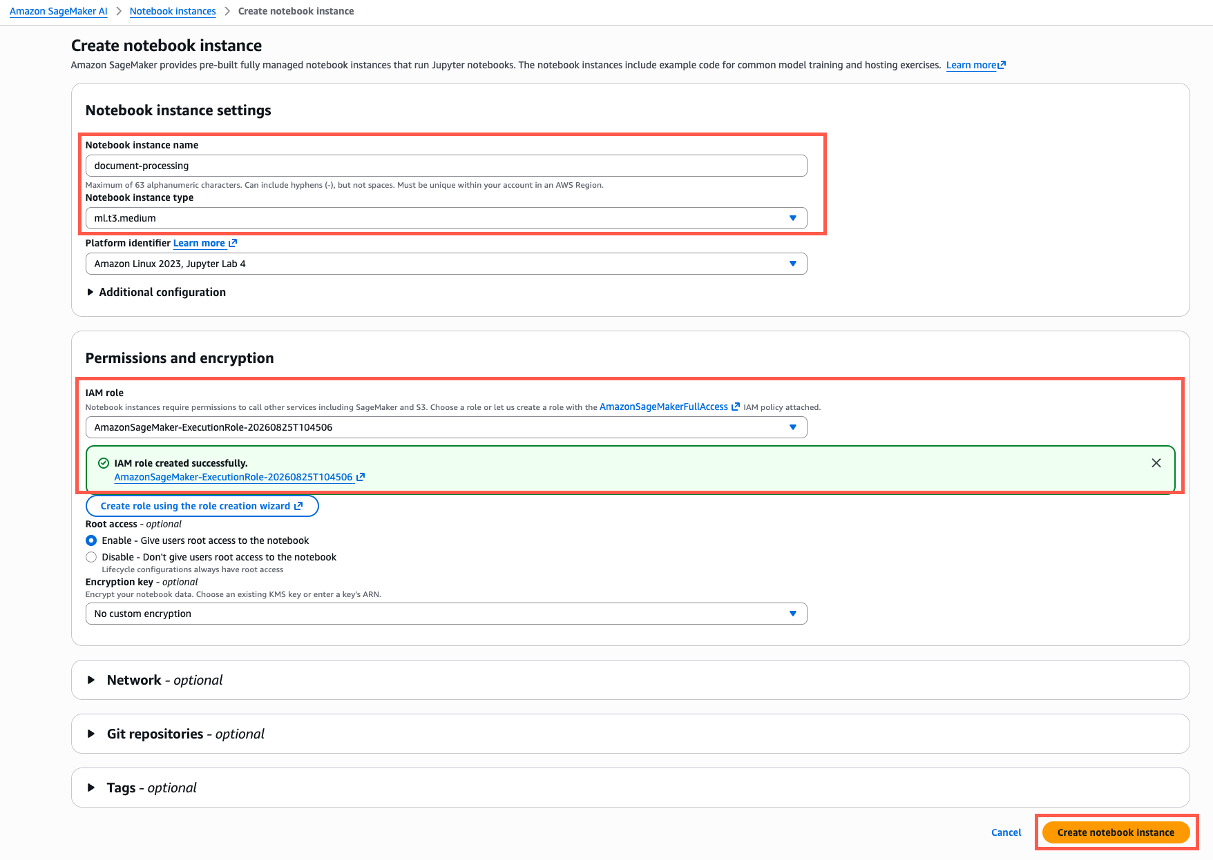 The Create notebook instance page in the Amazon SageMaker AI console, showing the Notebook instance settings section with the instance name and type, and the Permissions and encryption section with a successfully created IAM role and the Create notebook instance button.