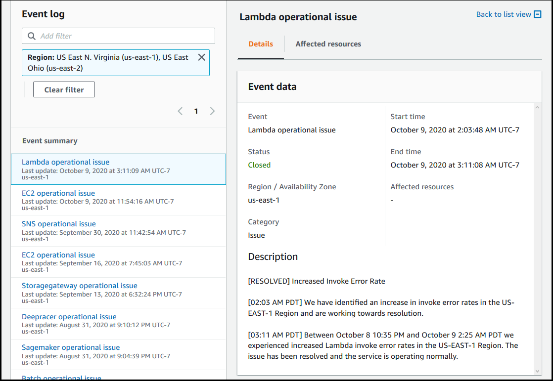 Screenshot of the details pane for an event in the AWS Health console.
