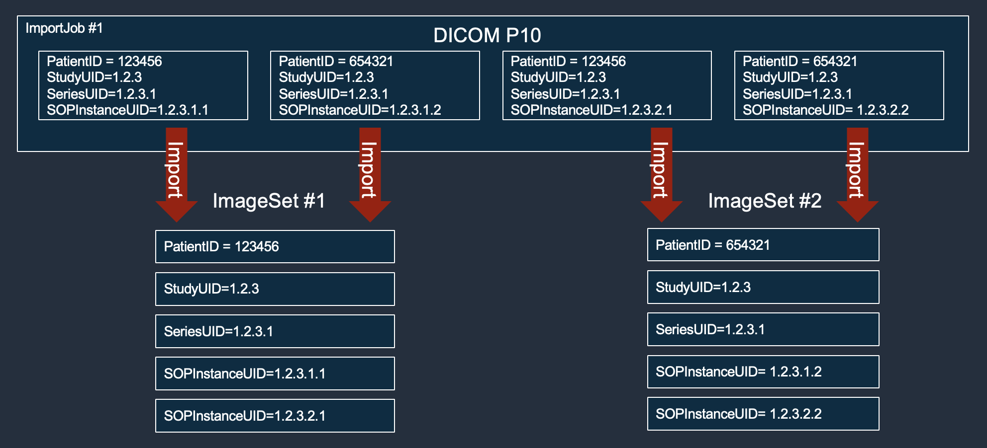 Diagram showing what two image set variants look like in HealthImaging using a single import job.