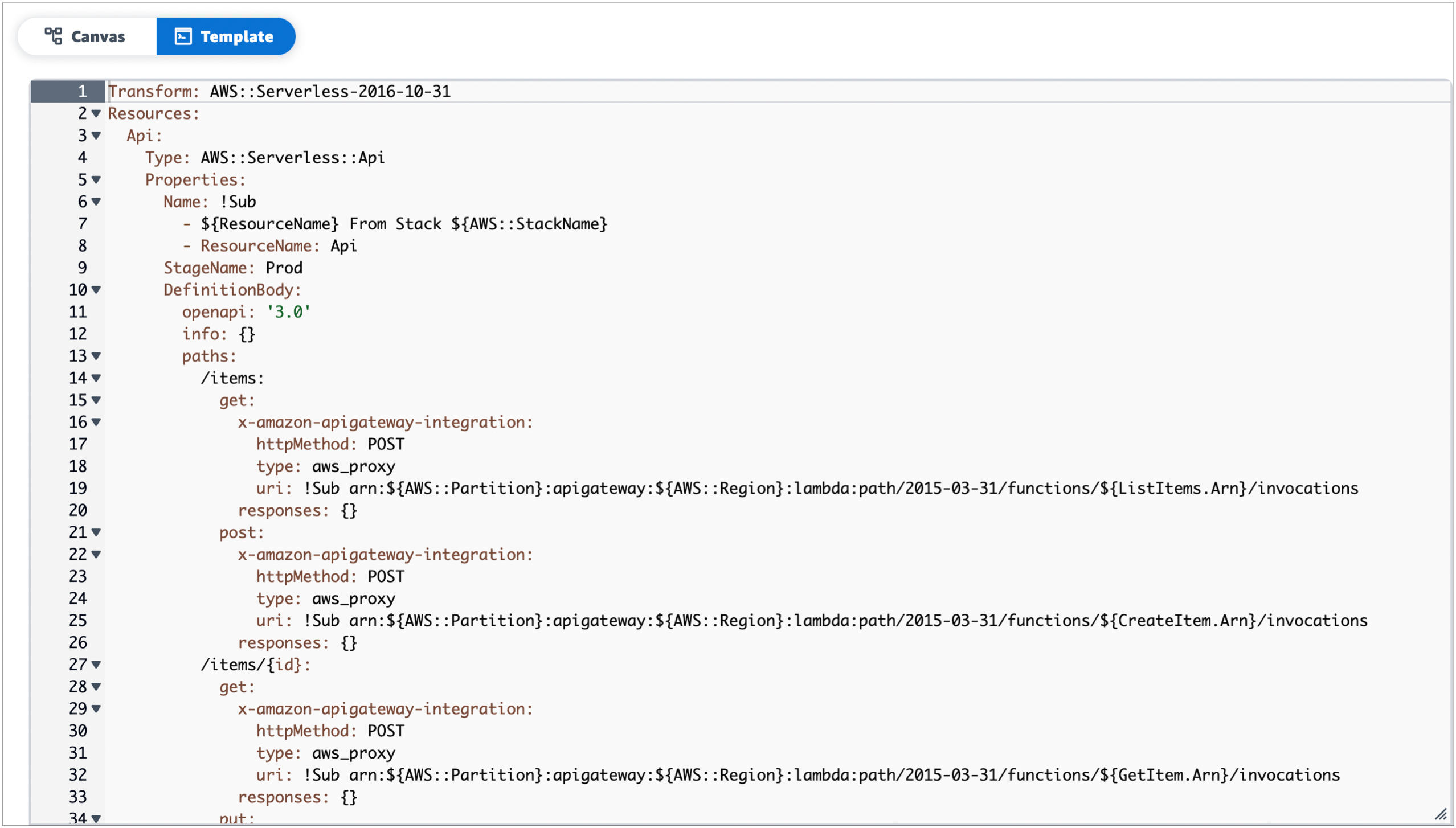 Screenshot of Infrastructure Composer template view showing the demo project's template code.