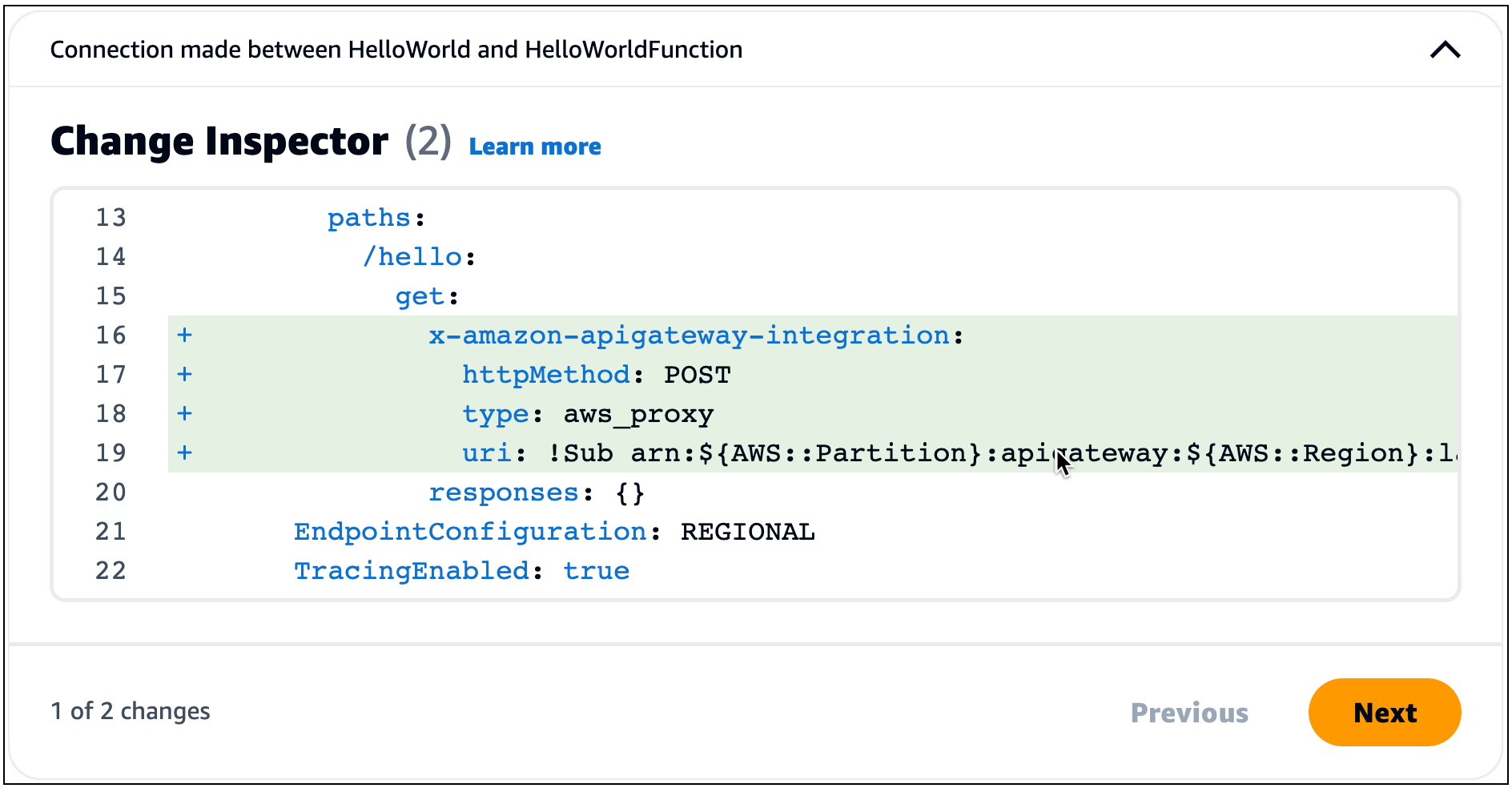 Showing the infrastructure code that has been automatically updated by Infrastructure Composer.
