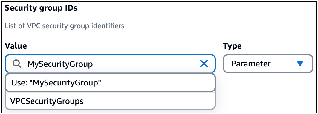 The MySecurityGroup value being provided for the Parameter type of the security group ID field of a Lambda function card.
