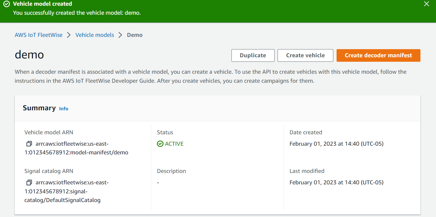 The AWS IoT FleetWise notification saying your vehicle model was successfully created.