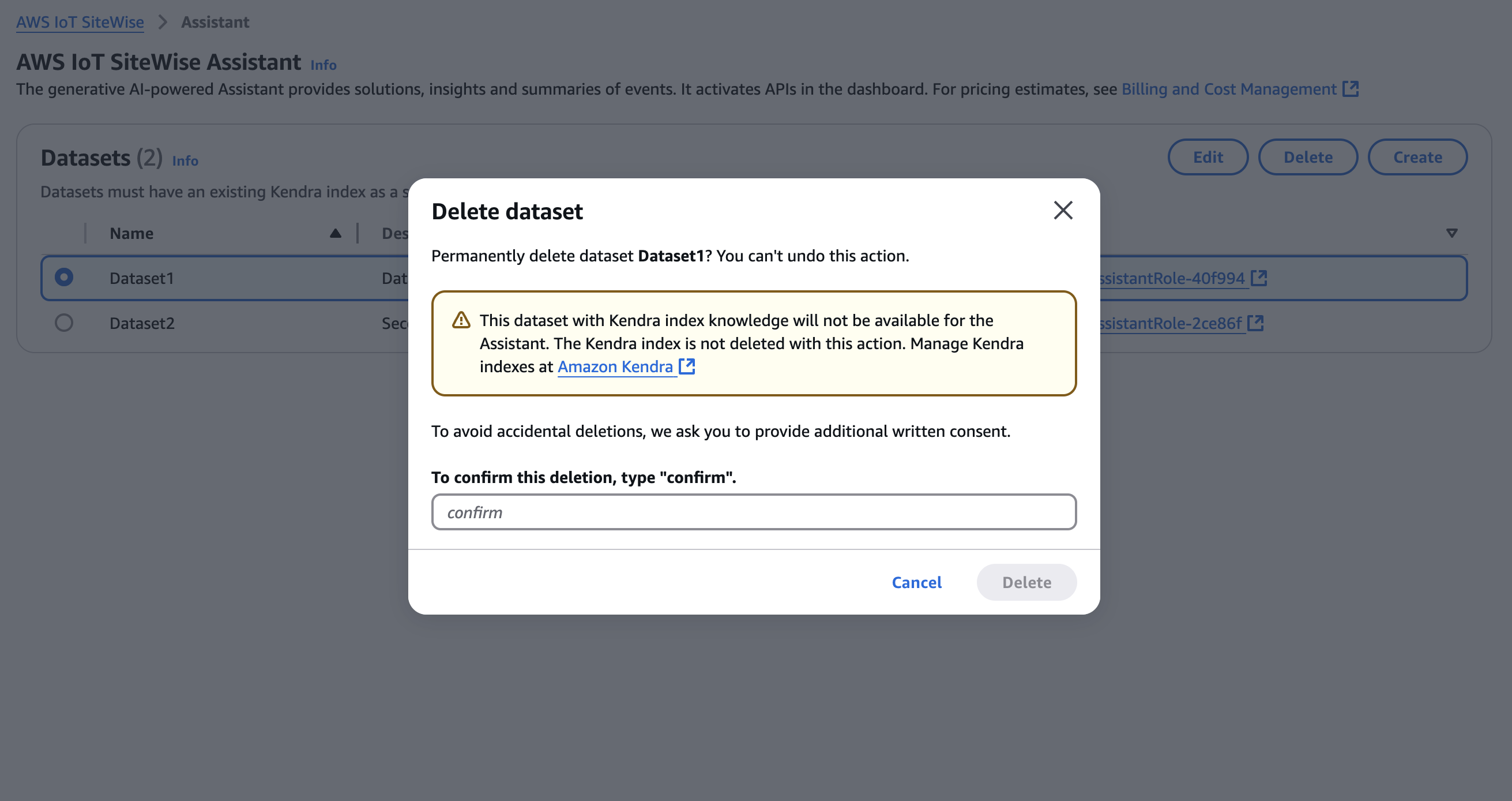Deleting a dataset final picture in the Assistant page of the console