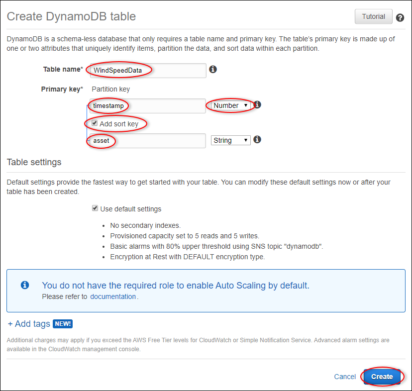 DynamoDB "Create table" page screenshot.