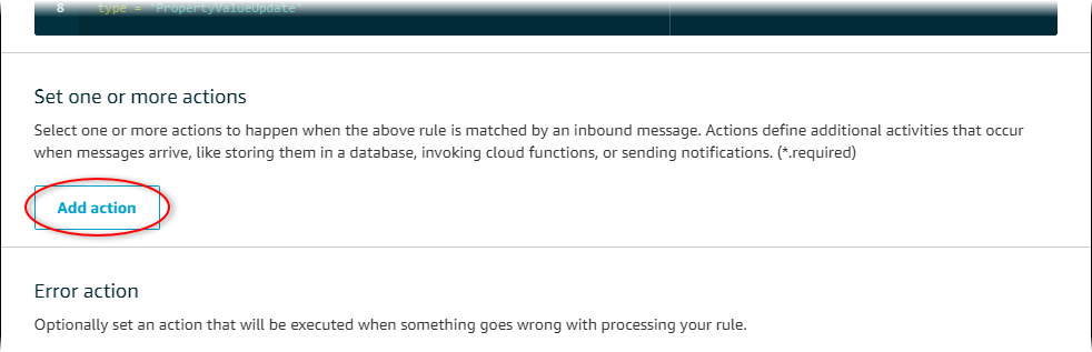 AWS IoT Core "Create a rule" page screenshot with "Add action" highlighted.