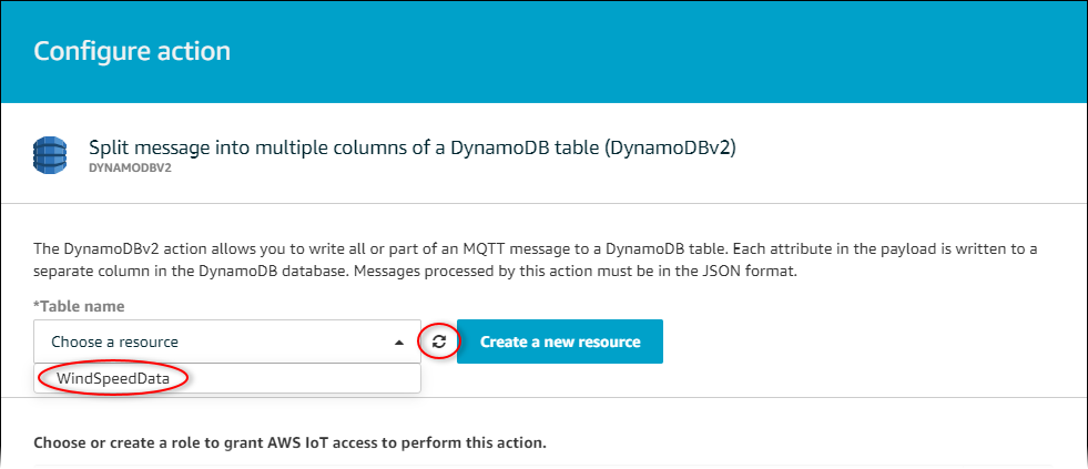 AWS IoT Core "Configure DynamoDBv2 action" page screenshot with the table finder highlighted.