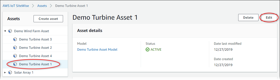 AWS IoT SiteWise "Demo Turbine Asset" screenshot.