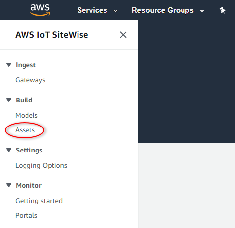 AWS IoT SiteWise "Assets" left navigation element screenshot.