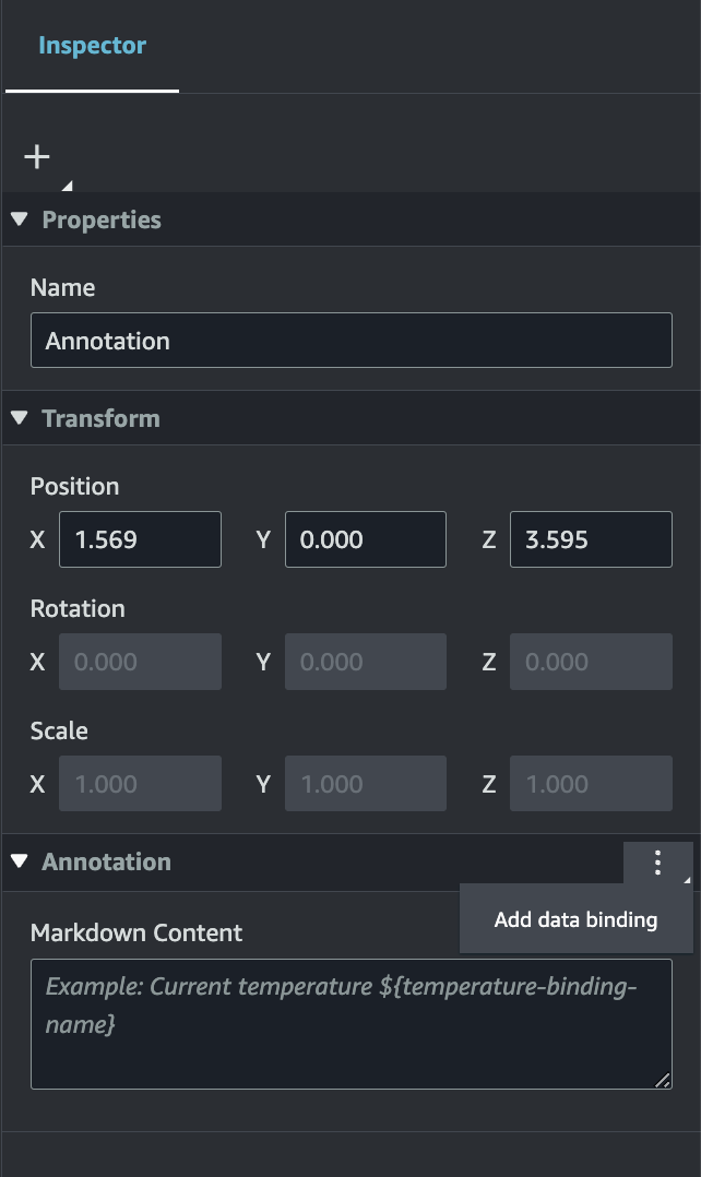 With the three dots to the right of the annotation pull-down selected, the Add Data Binding button appears.