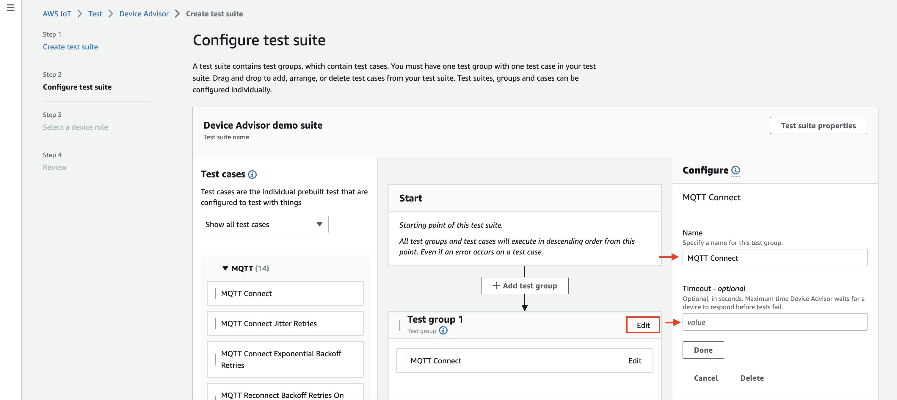 Test suite configuration interface with options to configure test groups, test cases, timeout settings, and starting points for the test suite execution.