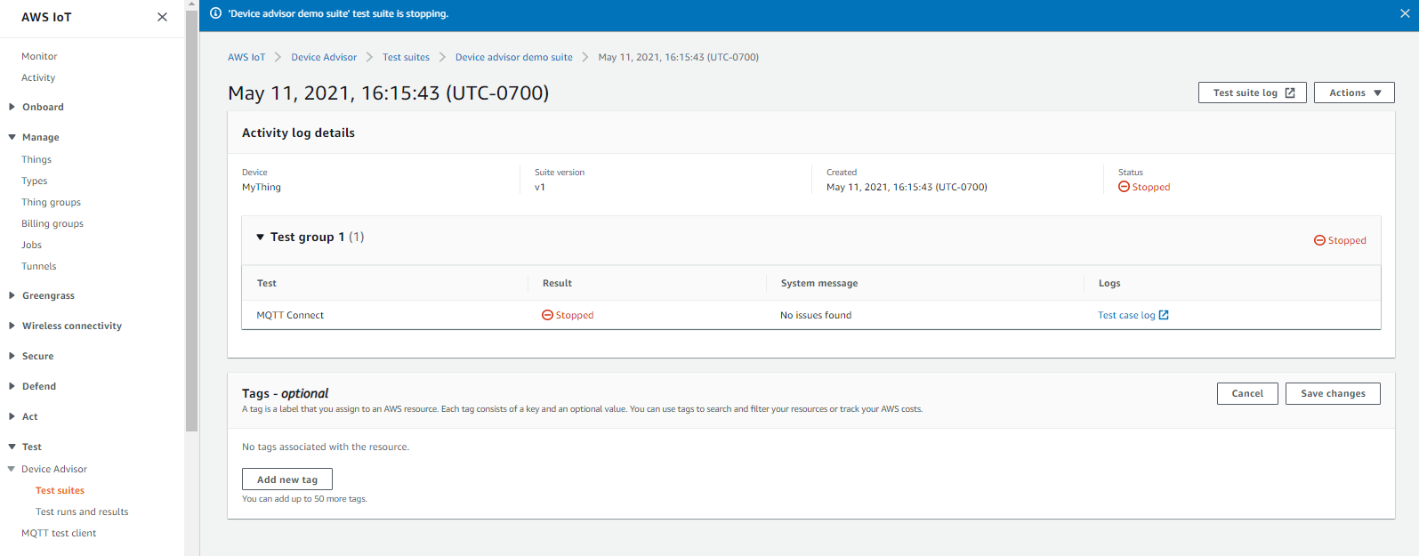 The stopped results of test runs on the Device Advisor console.