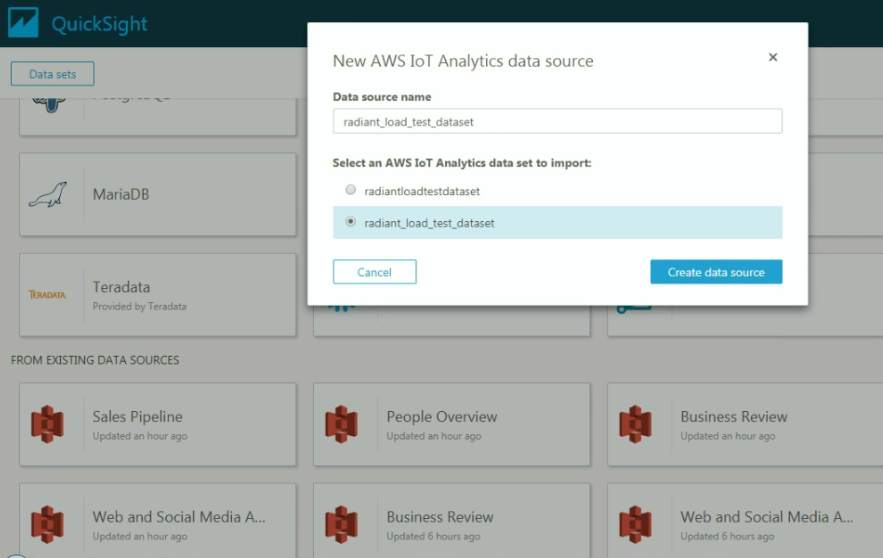 Screenshot of how to create a new data source in QuickSight.