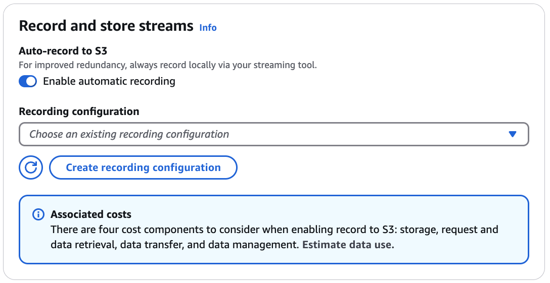 Create a channel using the IVS Console: Select Auto-record to Amazon S3.