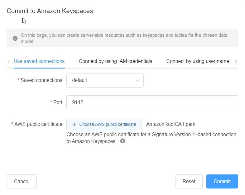 Console screenshot that shows the default connection to Amazon Keyspaces.