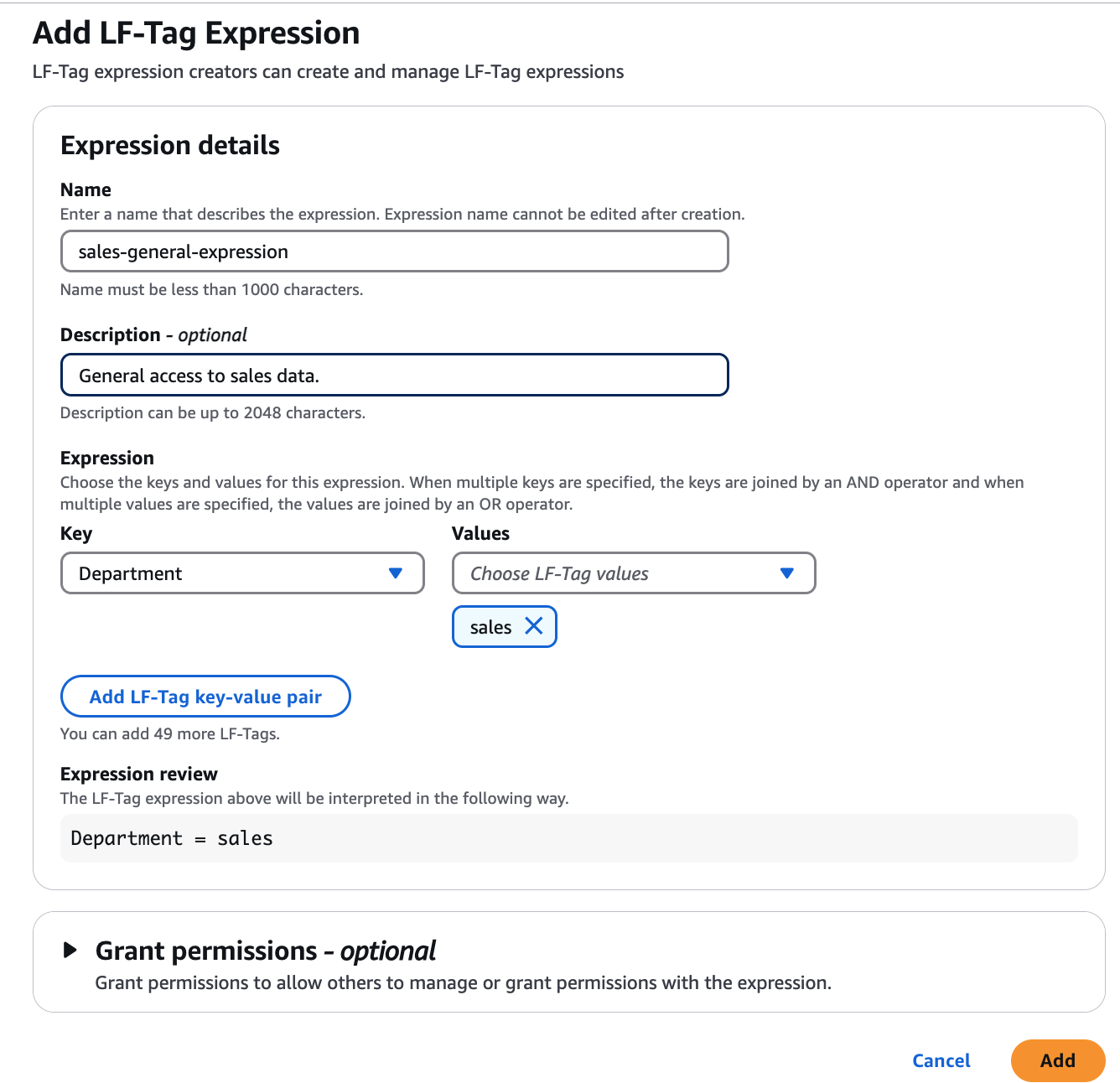 The page has fields to add a name, description, and a drop down to select expression body. Users can also have the option to grant permissions.