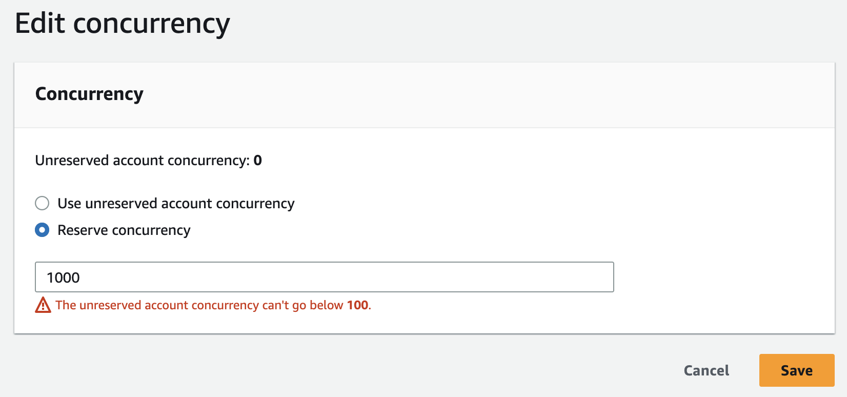 An error occurs if you try to reserve too much concurrency.