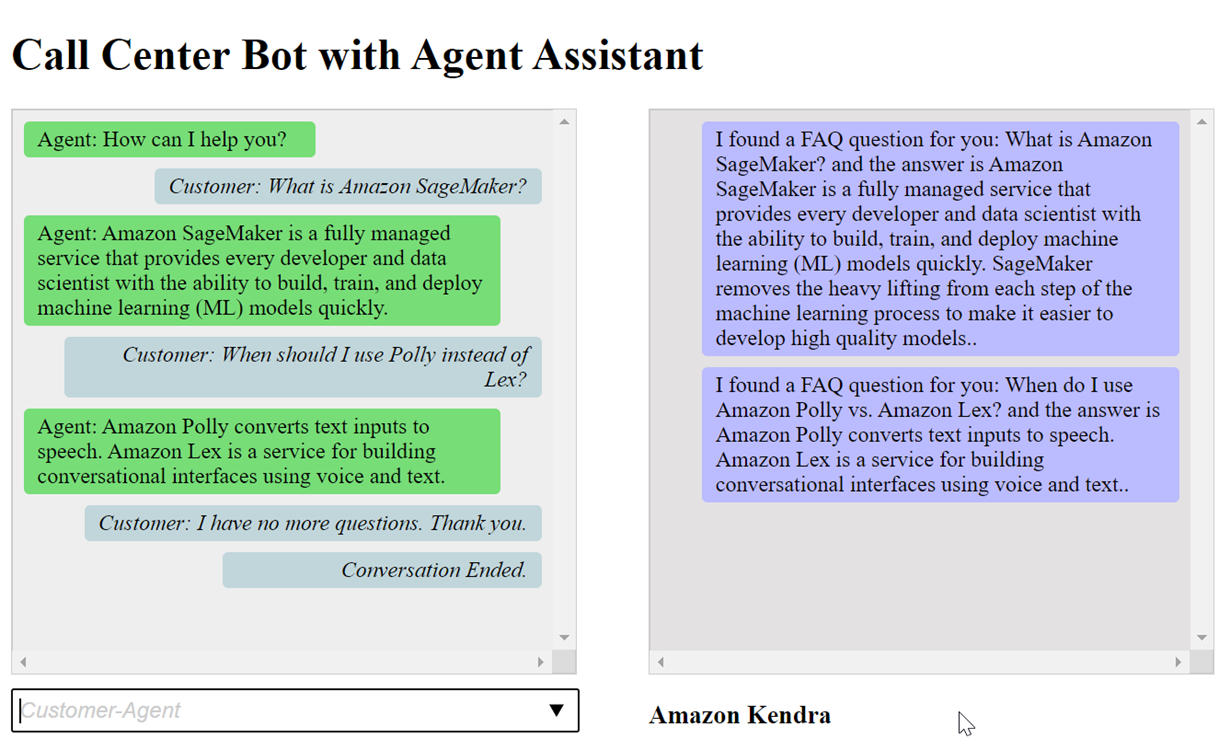 Two example conversations with a call center bot. In the first one, the customer asks what Amazon SageMaker AI is and when to use Amazon Polly instead of Amazon Lex. In the second one, Amazon Kendra finds FAQ answers for these two questions.
