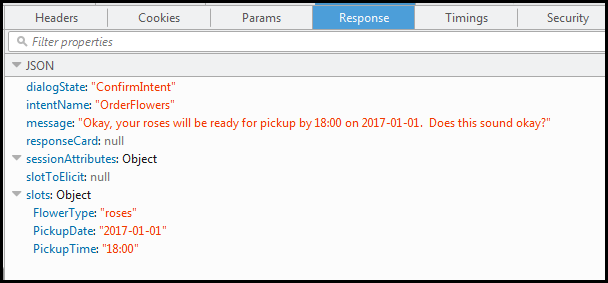 A message with JSON data asking for a confirmation to order flowers.