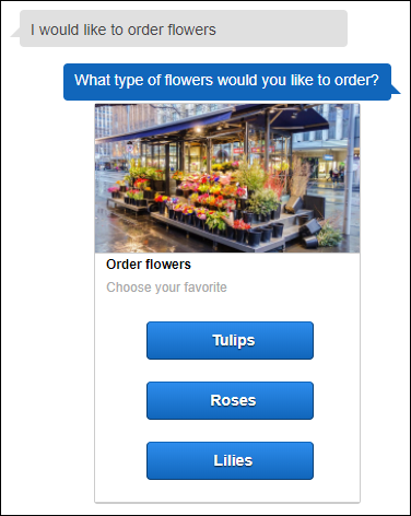 Card containing three choices of flowers to order: tulips, roses, and lilies.
