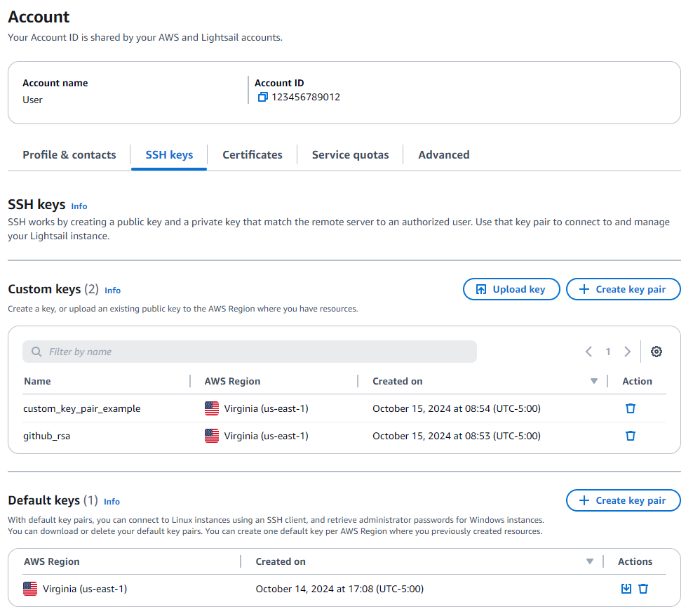 Key pair management on the Account page