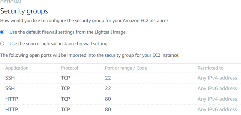 Security group settings on the Create an Amazon EC2 instance page.