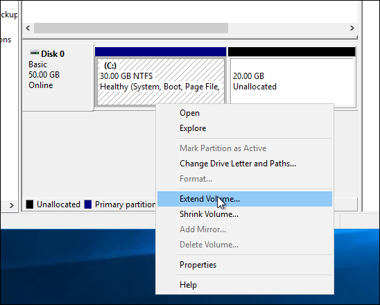 Extend volume in Windows Disk Management